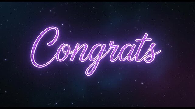 Congrats purple neon sign glowing against a dark starry sky background in this elegant motion animation video for social media