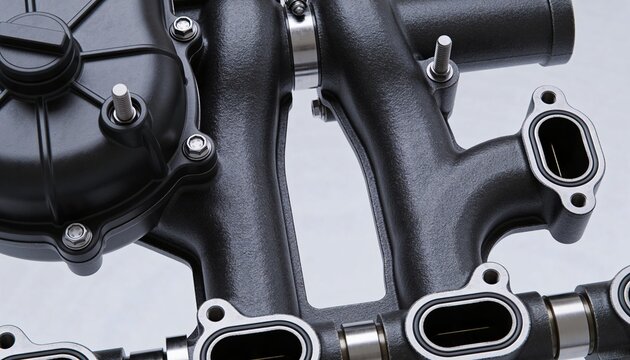 Close up view of a high performance black intake manifold for a modern car engine showing bolts and ports on a white background for automotive repair or tuning.