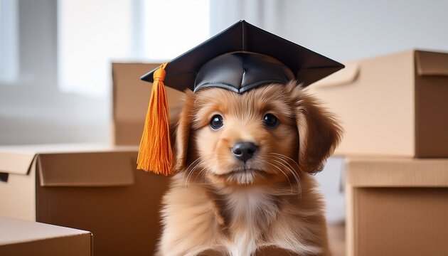 fluffy light brown puppy wearing graduation cap with orange tassel sits among moving boxes indoors ideal for pet celebration campaigns and cozy home back to school messaging