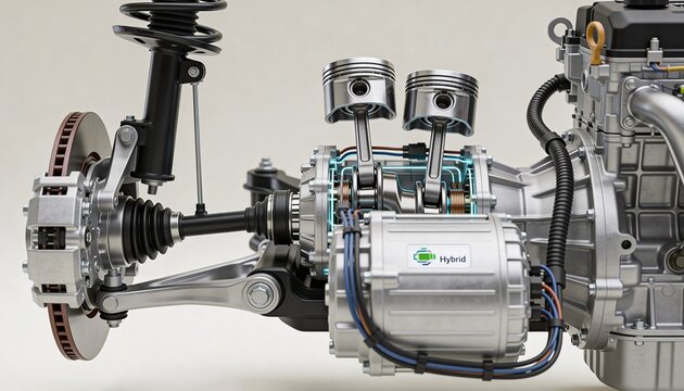 Detailed 3D render of a modern hybrid vehicle powertrain showing the internal combustion engine pistons, electric motor, suspension assembly, and disc brakes on a neutral background.