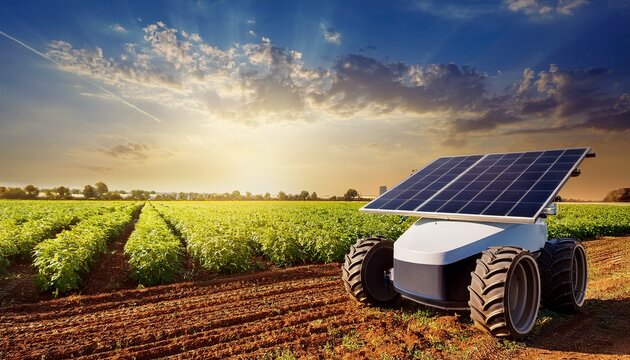 a solar powered agriculture robot working in the field wall paper