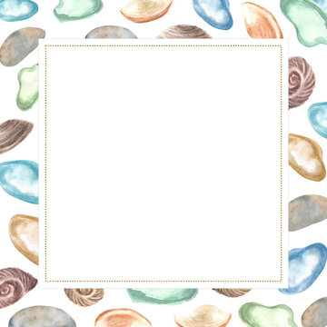 Watercolor illustration: hand-painted square frame with seashells and sea glass elements along the edges. Mediterranean coastal style. For packaging, scrapbooking, invitations, stationery design