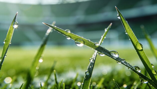 Close up of fresh morning dew drops glistening on vibrant green grass blades at a professional football stadium pitch under bright sunlight for sports concepts.