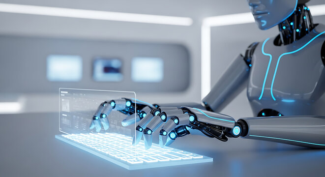 A futuristic robotic arm interacts with a glowing keyboard in a sleek modern laboratory setting with technology and innovation.