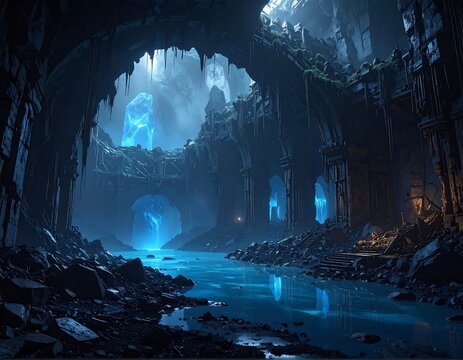 A dark, abandoned, ruined interior with glowing blue light