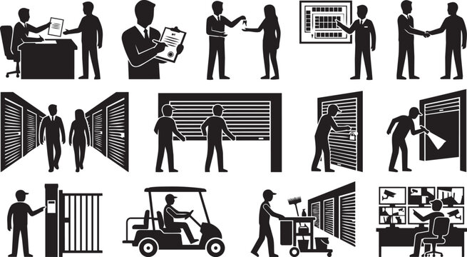 Industrial and Workplace Operations Silhouette Set Featuring Inspection Security Logistics and Manufacturing Activities