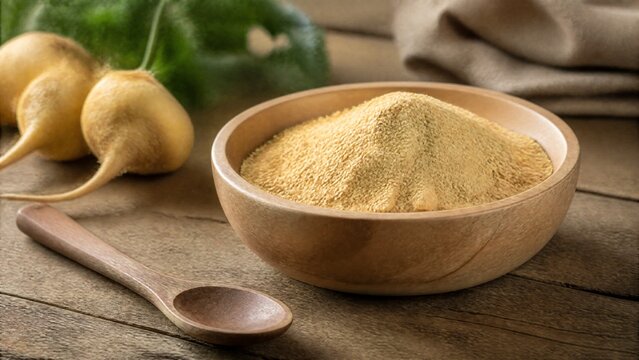 A shallow wooden bowl filled with fine pale yellow maca powder and a spoon.