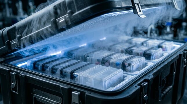 Open industrial storage case reveals rows of plastic boxes inside.