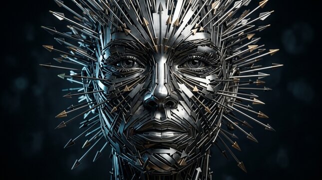 Futuristic metallic humanoid face with spiked rods