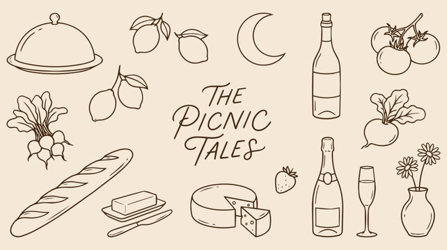 Picnic Food And Beverage Doodle Collection With Bread Fruit Wine Cheese and Outdoor Dining Elements