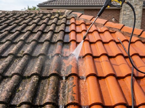 High-pressure water cleaner washing off dirt and moss from terracotta roof tiles, showing a clear before and after comparison of a professional home maintenance and cleaning service