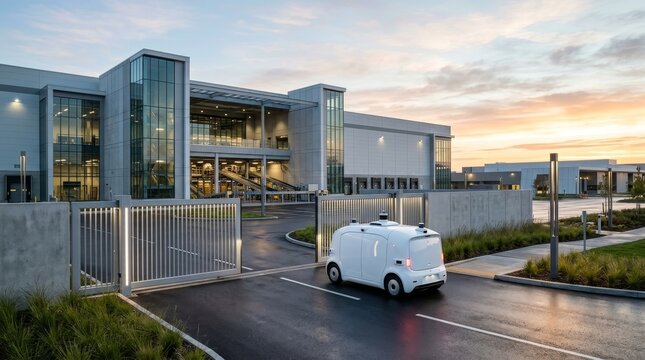 A white van drives toward a modern office campus at sunset.