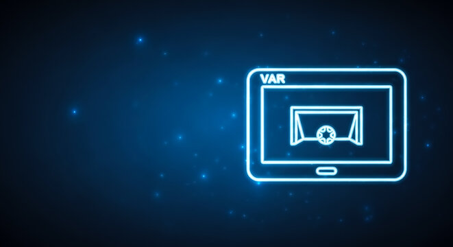Modern digital illustration showing VAR (Video Assistant Referee) system on a tablet with a soccer field and referee symbol.
