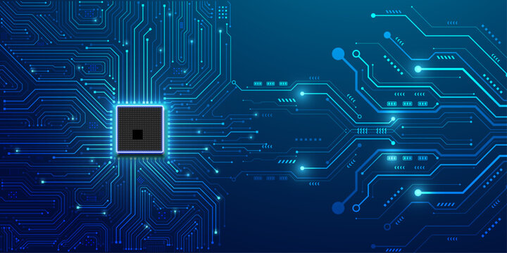 Abstract futuristic circuit board pattern with glowing processor unit over dark blue background for technology concept.