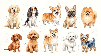 Fototapeta premium Cute Dog Breed Collection Vector Illustration Adorable Pet Character Set Companion Animal Artwork Bundle