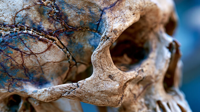 Anatomical dry skull specimen lateral suture detail under museum display case illumination, cranial bone fusion line topology and temporal squamous suture interlocking topology forming precise fossi
