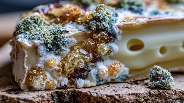 Aged farmhouse cheese rind surface magnified, Penicillium candidum mold bloom and crystallised tyrosine formations, cave-ripened texture study on rough limestone slab, artisan dairy macro detail wit