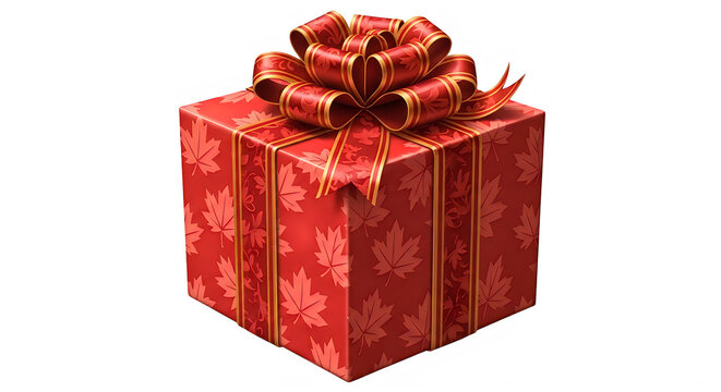 Festive red gift box with maple leaf pattern and ribbon isolated on transparent background