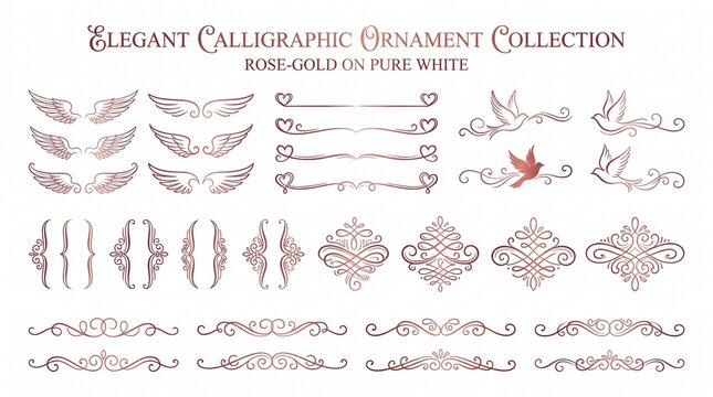Elegant Rose Gold Calligraphic Ornaments Collection Featuring Wings Birds Brackets and Swirls on White Background