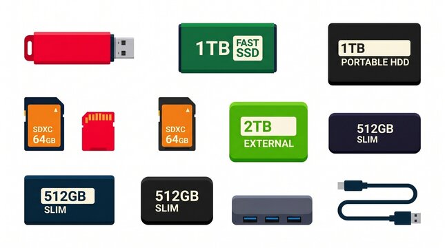 Collection of digital storage devices including USB flash drive SD cards SSD HDD external drive and USB hub