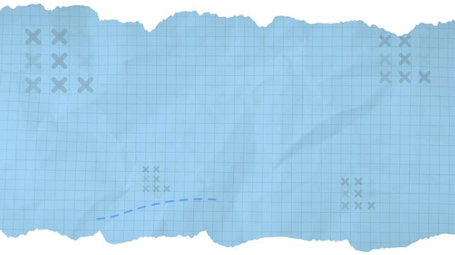 Animated blue torn grid paper background with moving abstract cross marks and dashed lines, suitable for ads, social media, promotion, etc. 4K footage.