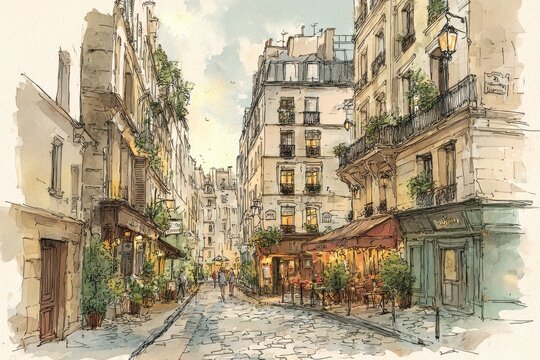 Charming street illustration of a lively city block with cafes and soft light