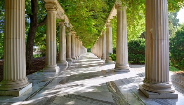 row of fluted marble columns creates classical colonnade beneath leafy canopy sunlight dapples marble floor