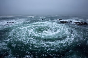 Obraz premium Circular water vortex in rough seas: deep blue tones, mist and dynamic motion