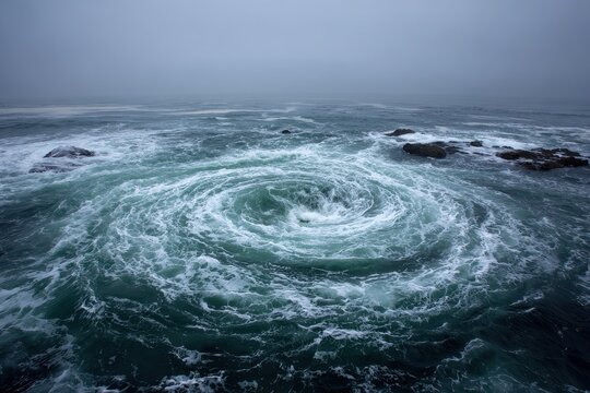 Circular water vortex in rough seas: deep blue tones, mist and dynamic motion