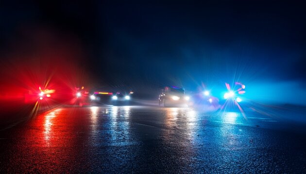 abstract blurred police car lights at night with red and blue color reflecting on wet asphalt dark background