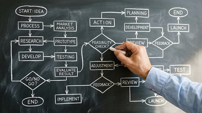 Hand drawing a complex business process flowchart on a dark chalkboard