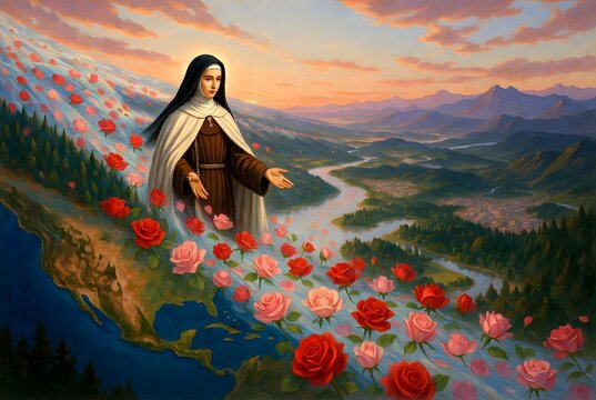 Saint Th&eacute;r&egrave;se of the Child Jesus guiding a flowing river of red and pink roses across continents, symbolic landscape connecting heaven and earth, soft sunrise illumination with gentle atmospheric radi