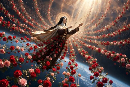 Saint Th&eacute;r&egrave;se of the Child Jesus conducting a celestial symphony as thousands of red and pink roses flow outward like sacred music toward humanity, heavenly concert of light and harmony above the eart