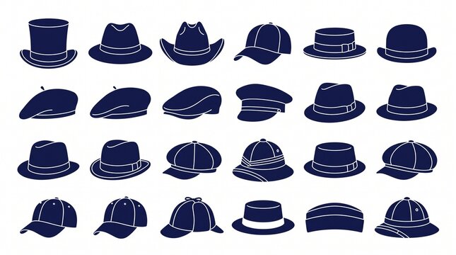 Collection of Various Hats and Caps Icons in Dark Blue Silhouette on White Background