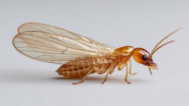 Close-up image of an alate termite on a plain white surface with detailed wing structure