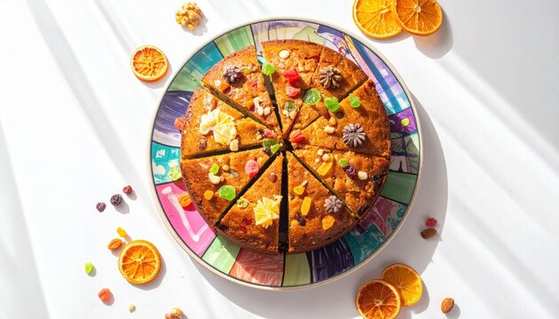 Overhead view of a fruitcake cut into squares for a party platter with dried orange slices and nuts