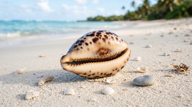 A large spotted cowrie seashell rests on a sandy tropical beach with the ocean waves and palm trees in the background