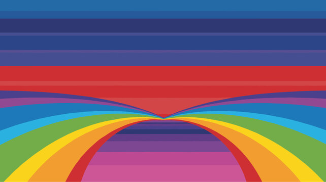 Abstract background featuring horizontal bands of blue and red transitioning into curved rainbow colored arches meeting at a central point on a flat multicolored striped base layer