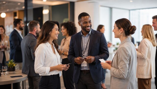Diverse professionals networking and chatting at a modern office event during a business gathering