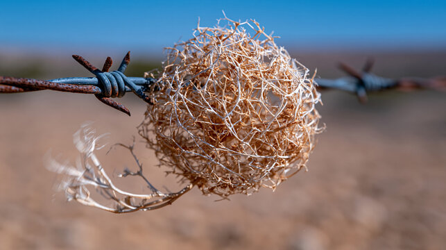 Dried tumbleweed Salsola tragus skeleton caught against rusted barbed wire fence in open desert, skeletal weed structure backlighting reveals intricate branching geometry, motion blur on loose outer