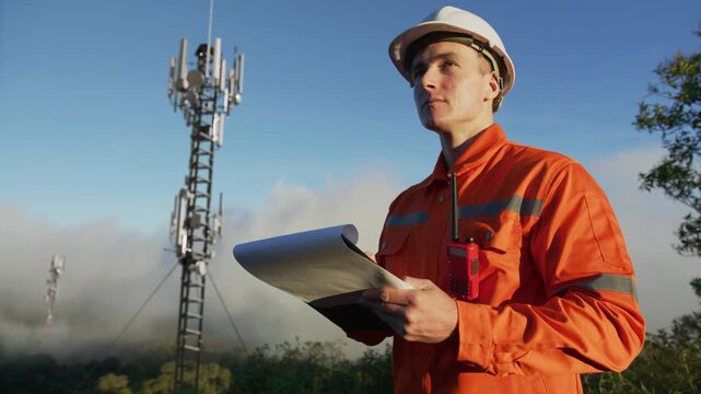 Engineer inspecting communication towers for 5G and 6G network deployment