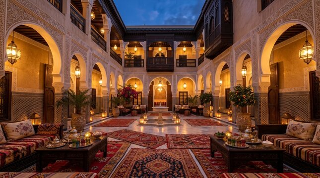 Luxurious Moroccan Riad Courtyard at Dusk with Intricate Architecture and Warm Lighting