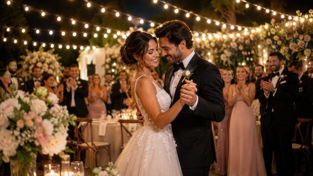 Bride and groom share a romantic first dance at an elegant outdoor evening wedding reception under string lights, surrounded by applauding guests and floral d&eacute;cor