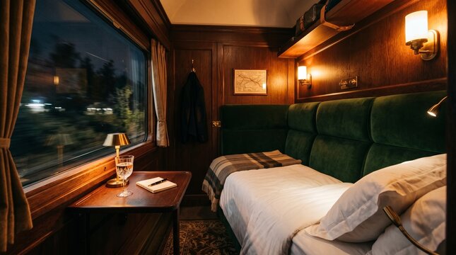 Luxurious vintage train cabin at night with a made bed and a window view of passing scenery