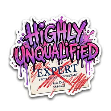 Highly Unqualified Expert: A vibrant, graffiti-style graphic featuring dripping purple and pink letters that declare HIGHLY UNQUALIFIED.