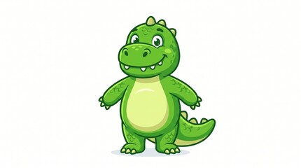 Fototapeta premium Cute cartoon green dinosaur standing and smiling with big eyes and sharp teeth on a white background