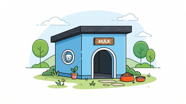 Cute blue dog house named Max with food and water bowls outside in a grassy yard with trees and clouds
