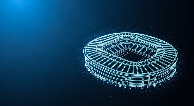 A sleek, illuminated ring-shaped architectural design with intricate geometric patterns, glowing in a futuristic blue tone against a dark space background.