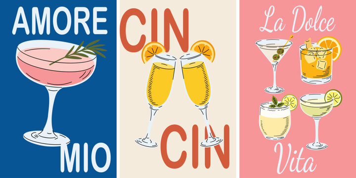 Vector cocktail illustration set with Italian typography quotes Amore Mio, Cin Cin, and La Dolce Vita