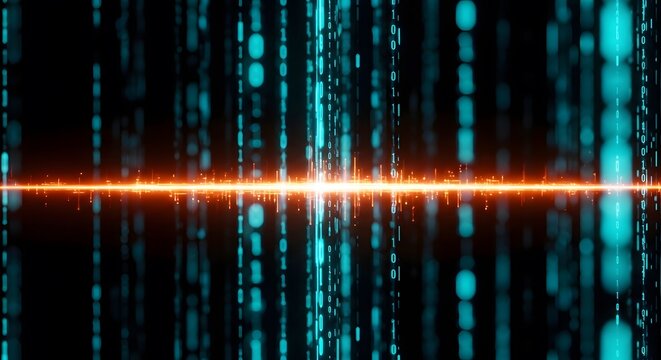 Futuristic Binary Data Stream with a Glowing Orange Information Pulse in Cyberspace